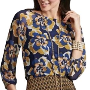 Cabi Floral Chiffon Lydia Blouse Blue Yellow White Size M